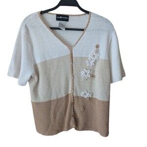 Sag Harbor White Tan Floral Embroidered Shirt Sleeve Cardigan Sweater Size Large